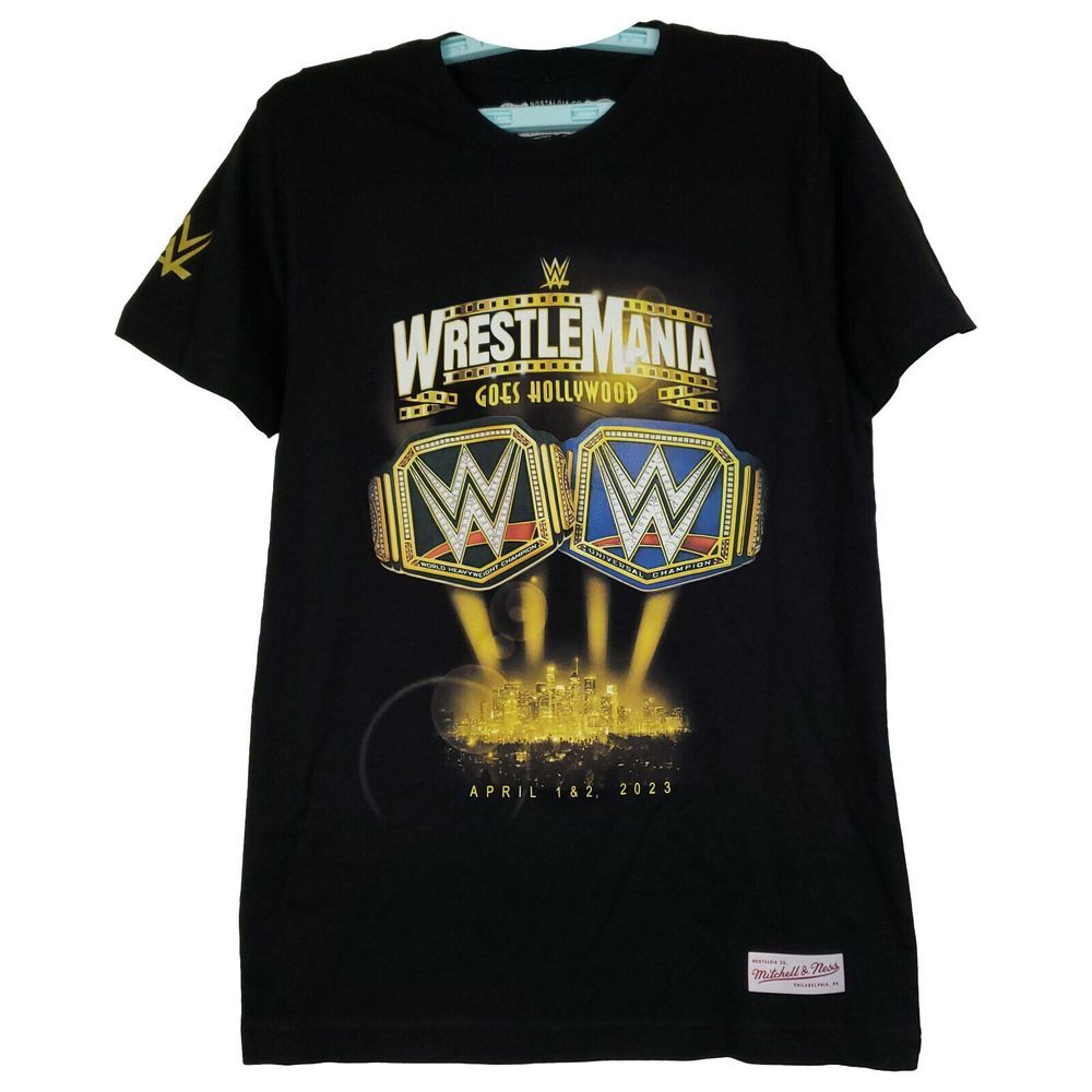 WWE Wrestlemania Goes Hollywood 39 Mitchell & Ness S Small Shirt Black‎ NWT